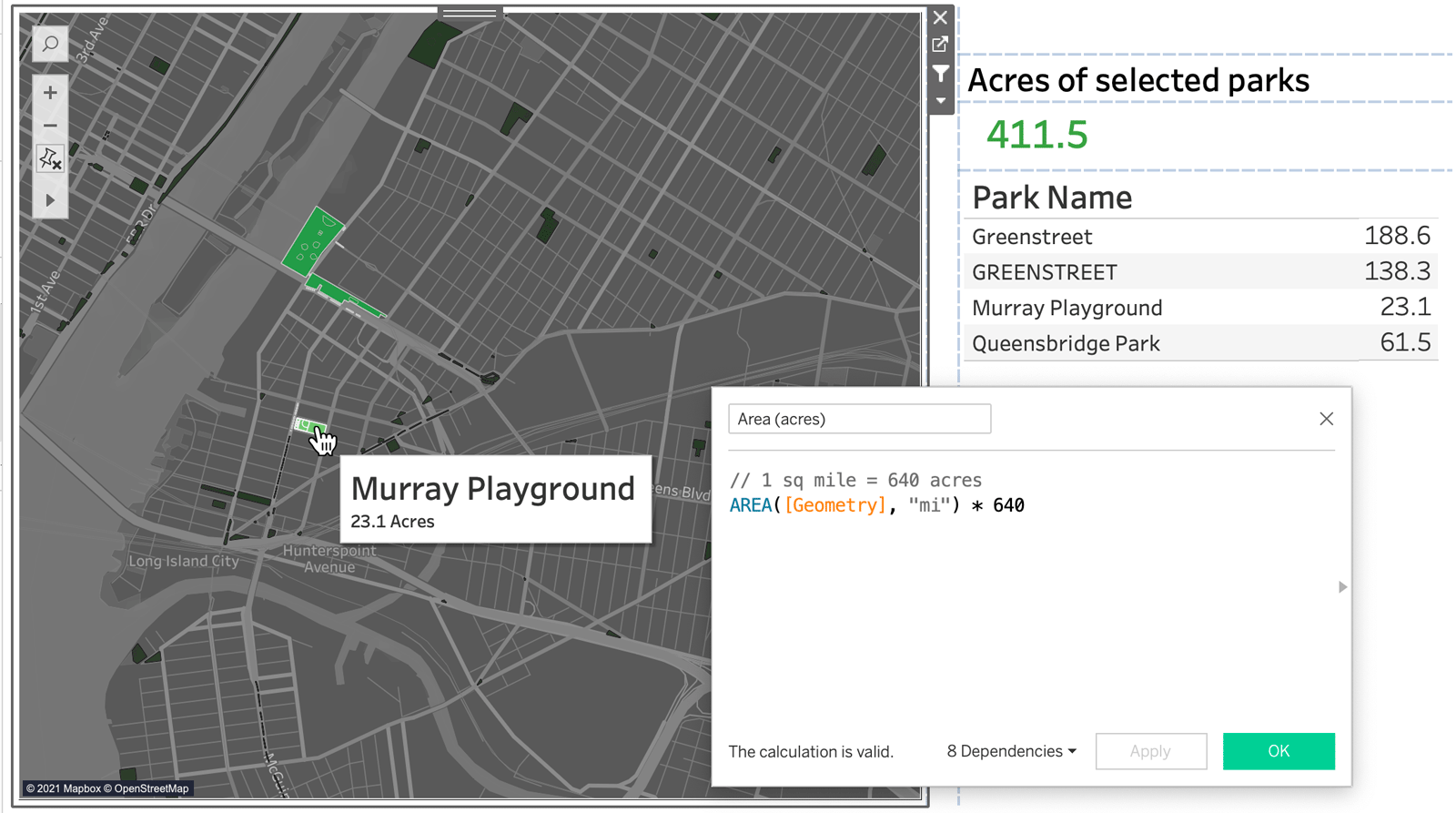 An image of a map in Tableau utilizing the area spatial calculation to find the total area of multiple parks selected on the map.